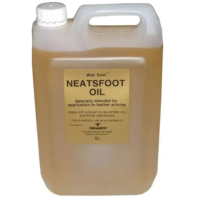 A 5-liter white plastic jug of gold label neatsfoot oil filled with translucent amber leather oil for conditioning