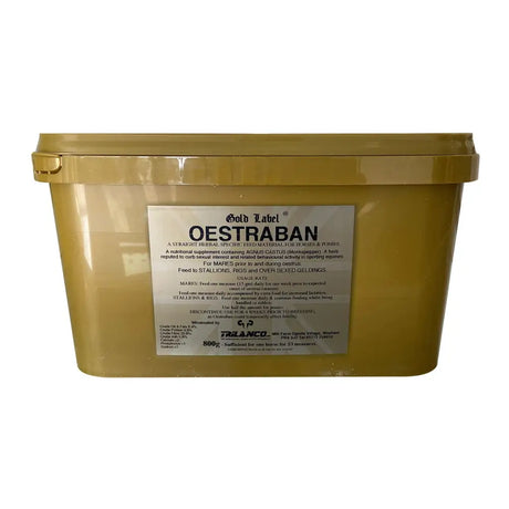 Gold label oestraban golden plastic container with agnus castus herbal supplement for horses mimicking oestragen effect
