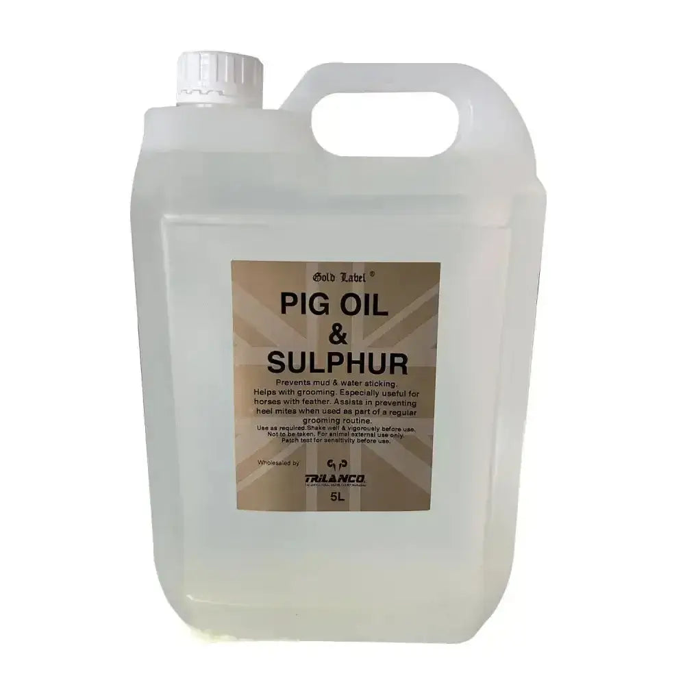 Clear plastic 5l jug with white cap and handle labeled gold label pig oil and sulphur for horse grooming and mud-borne infections