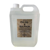 Clear plastic 5l jug with white cap and handle labeled gold label pig oil and sulphur for horse grooming and mud-borne infections
