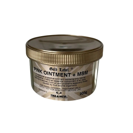 Gold label pink ointment plus msm in a 200g clear glass jar with metallic gold lid for reformulated traditional pink care