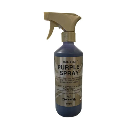A 500ml gold label purple spray bottle with beige trigger nozzle and dark purple liquid for minor cuts care