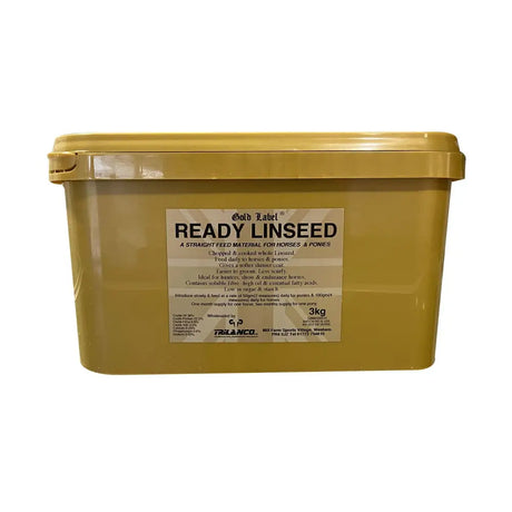 Yellow plastic container of gold label ready linseed 3kg straight feed for horses and ponies