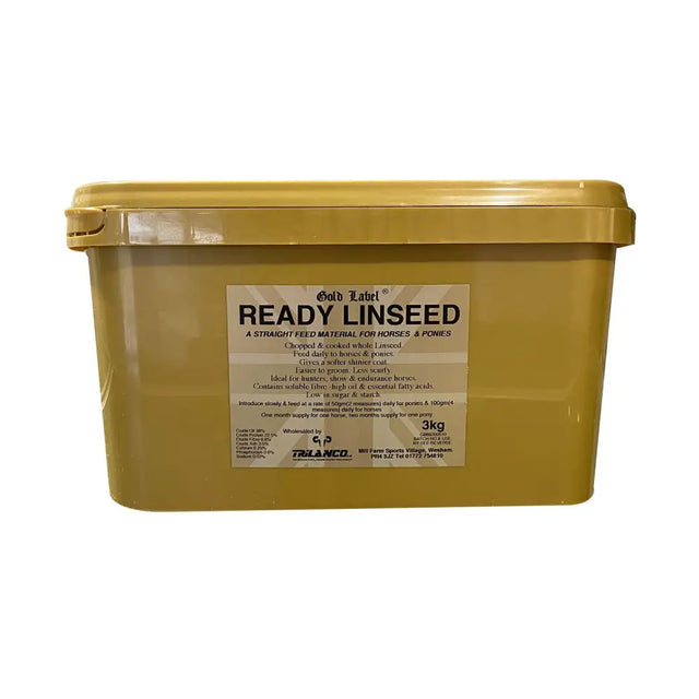 Yellow plastic container of gold label ready linseed 3kg straight feed for horses and ponies