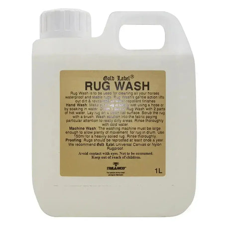 White plastic jug with gold label rug wash for horse rug wash by trabanco holding 1l for stable rugs cleaning