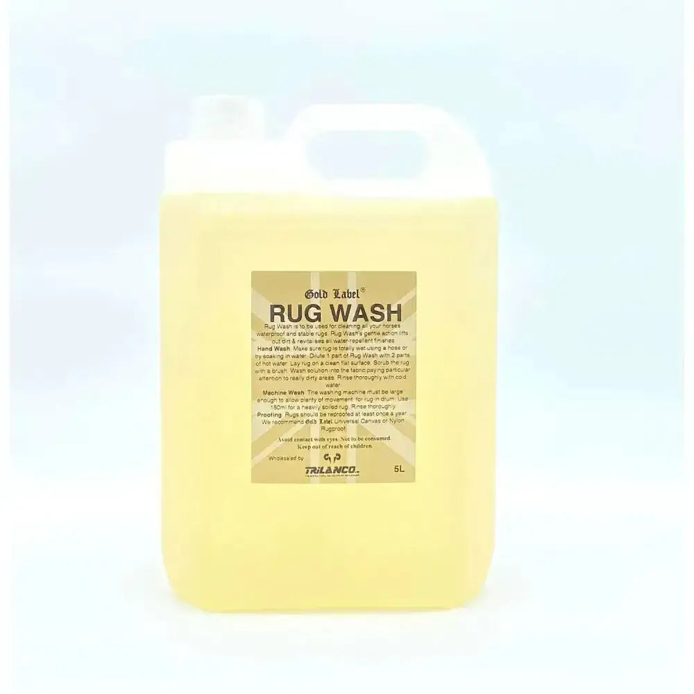Yellow liquid filled 5l plastic jug of gold label rug wash by trulanco for horse rug wash and stable rugs cleaning