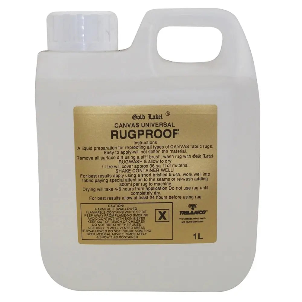 White plastic jug with handle and cap labeled gold label rugproof for canvas fabric rugs and horse rug treatments