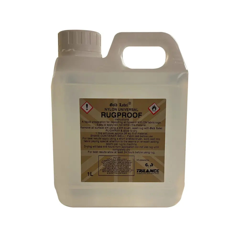 A translucent plastic jug with white handle and cap labeled gold label rugproof for nylon fabric rugs and horse rug treatments