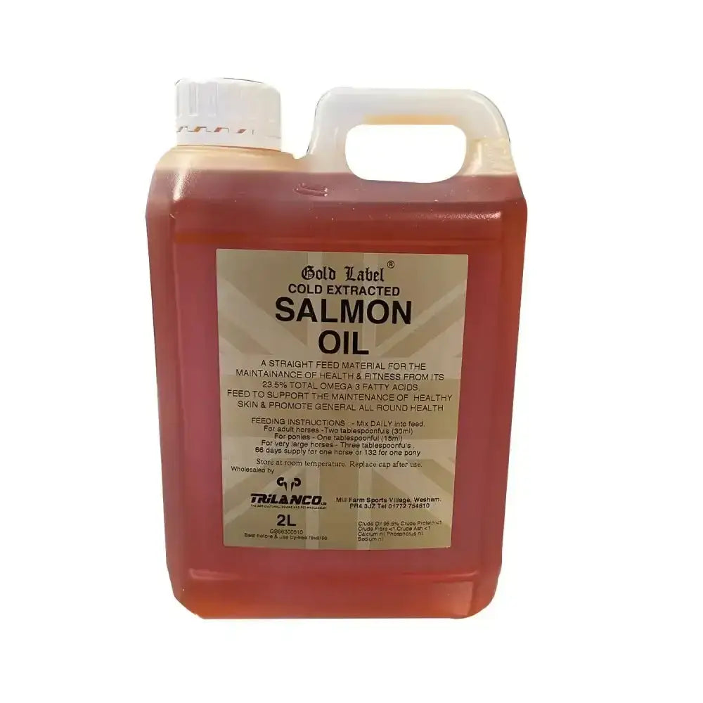 A 2-liter plastic jug of gold label salmon oil with white cap filled with amber liquid to support wound healing