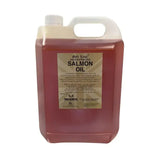 A 5-liter jug of gold label salmon oil with translucent amber cold-extracted liquid and white handle to support wound healing
