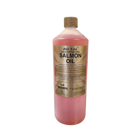 Pink salmon oil bottle with gold label and cap branded as trilanco gold label salmon oil to support wound healing