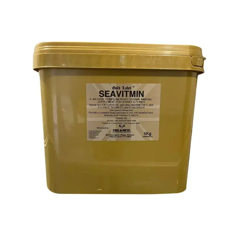 Gold label seavitmin 5kg olive green plastic container with lid natural vitamin feed supplement with cod liver oil for horses