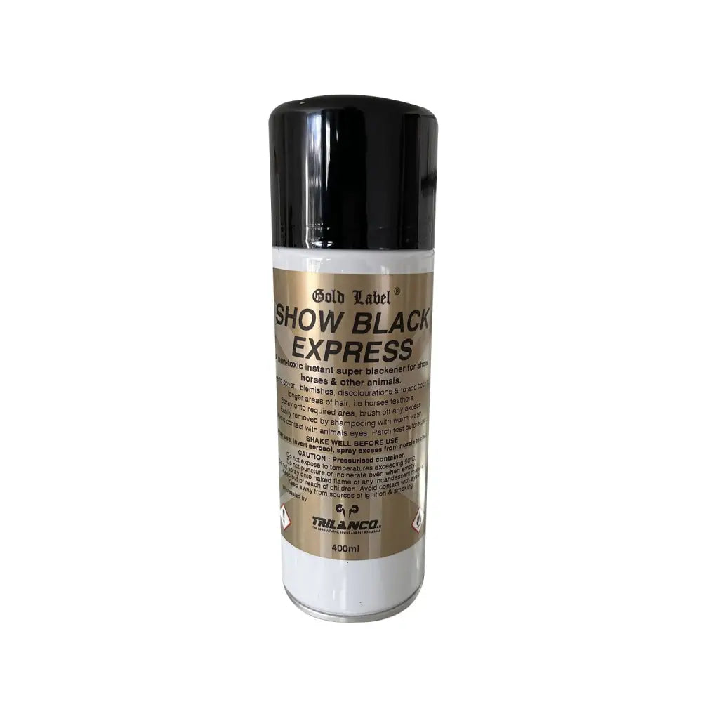 A sleek black super black aerosol spray can with a gold label by trilanco to cover stains non-toxic super black