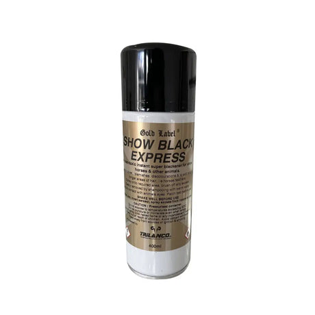 A sleek black super black aerosol spray can with a gold label by trilanco to cover stains non-toxic super black