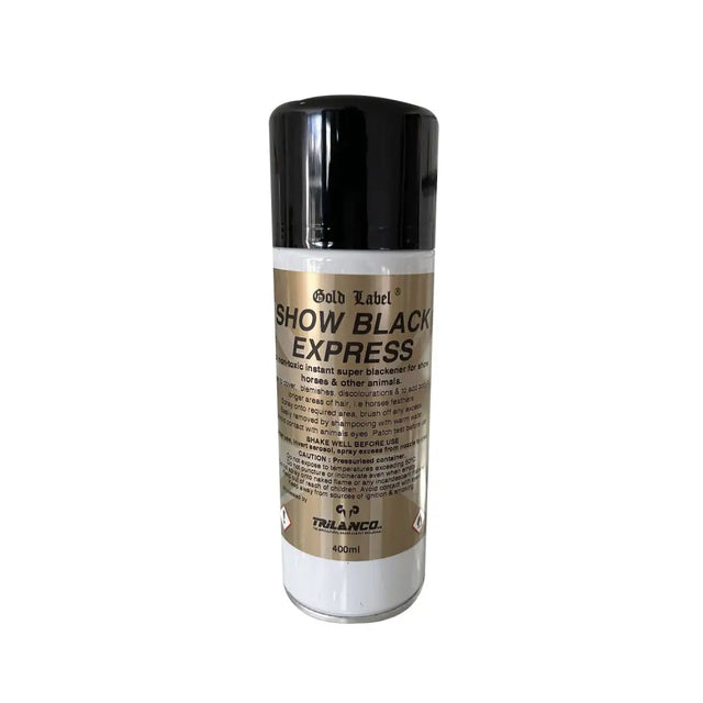 A sleek black super black aerosol spray can with a gold label by trilanco to cover stains non-toxic super black