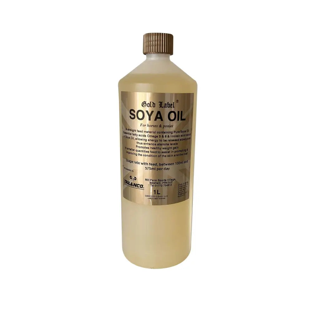 A 1-liter clear plastic bottle of gold label soya oil with a gold cap for maintaining stamina levels in horses and ponies
