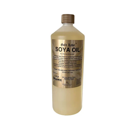 A 1-liter clear plastic bottle of gold label soya oil with a gold cap for maintaining stamina levels in horses and ponies