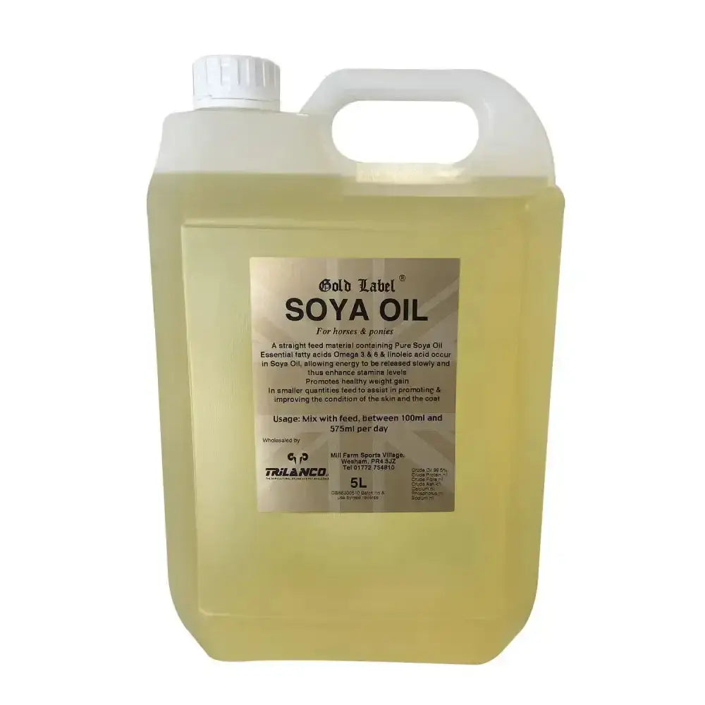A 5 liter translucent plastic jug of gold label soya oil pale yellow rich in essential fatty acids for maintaining stamina levels
