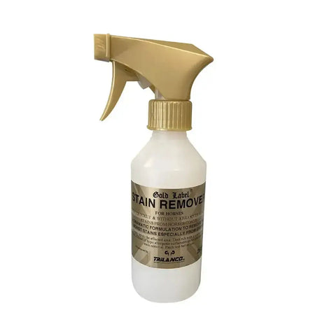 Gold label stain remover spray bottle with white body and gold trigger nozzle ideal for horse grooming and label stain remover