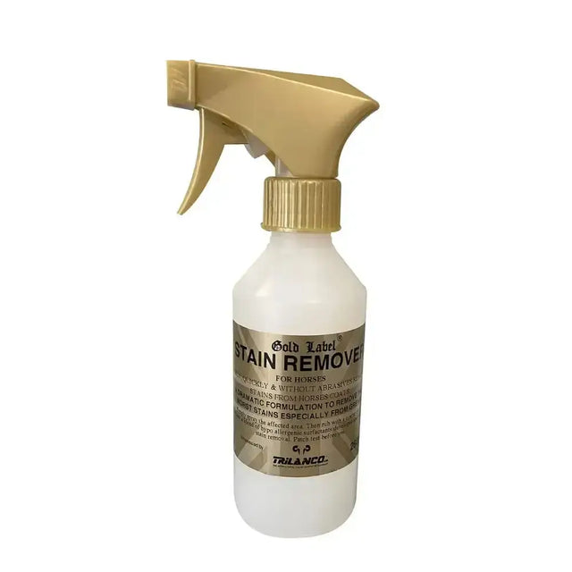 Gold label stain remover spray bottle with white body and gold trigger nozzle ideal for horse grooming and label stain remover