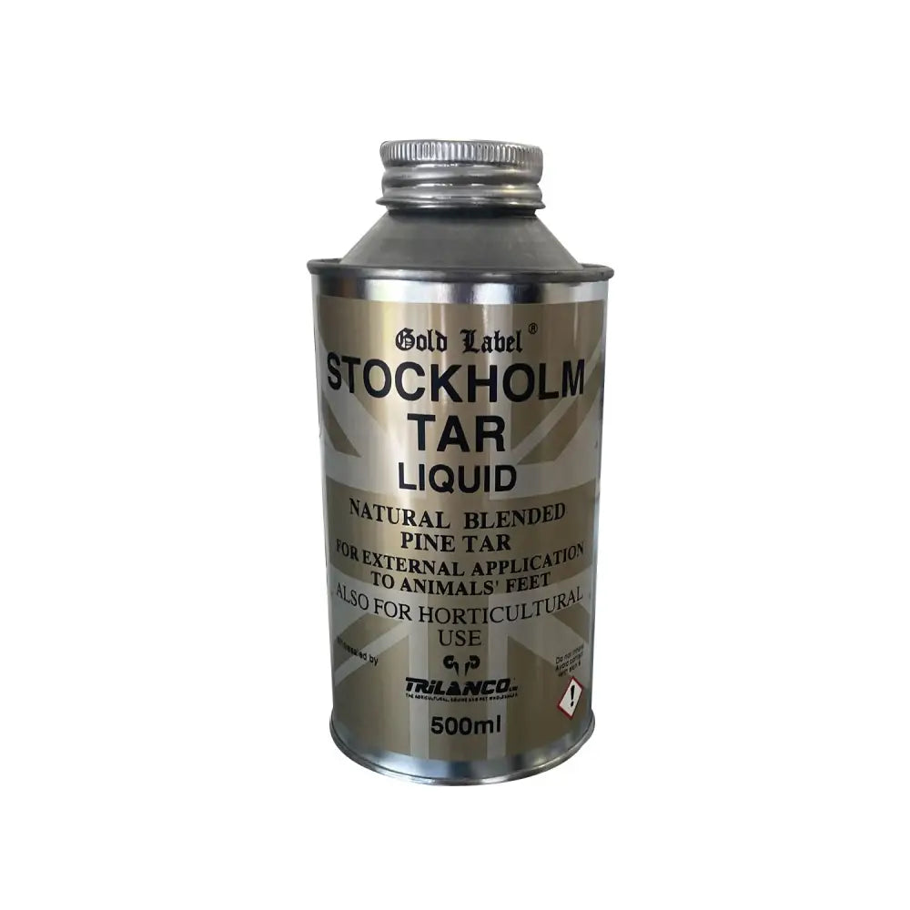 Silver metallic can of gold label stockholm tar liquid 500ml with anti-fungal natural pine for wood protection