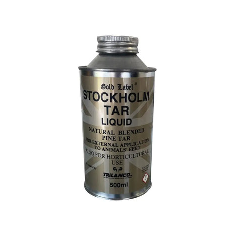 Silver metallic can of gold label stockholm tar liquid 500ml with anti-fungal natural pine for wood protection