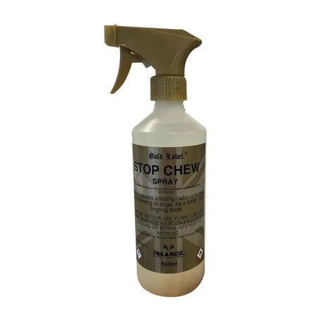 A 500ml transparent gold label stop chew spray bottle with tan trigger nozzle by tralanco for stopping chewing