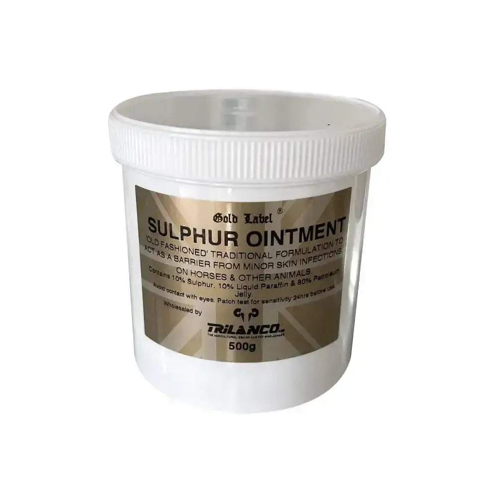 White plastic container with ribbed lid and gold label sulphur ointment by trilanco in gold label sulphur product