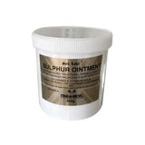 White plastic container with ribbed lid and gold label sulphur ointment by trilanco in gold label sulphur product