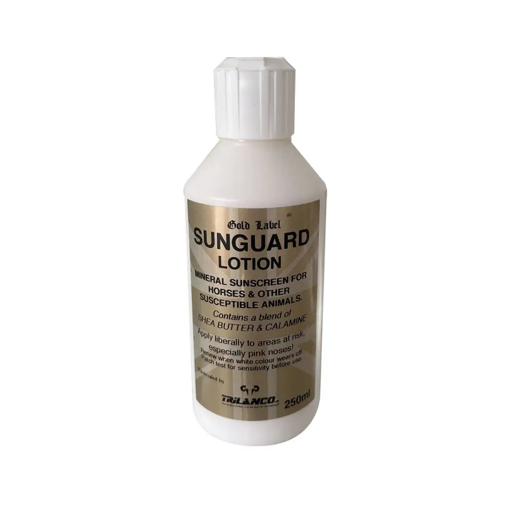 White plastic bottle of gold label sunguard lotion mineral sunscreen sunblock soother for horses and sensitive animals