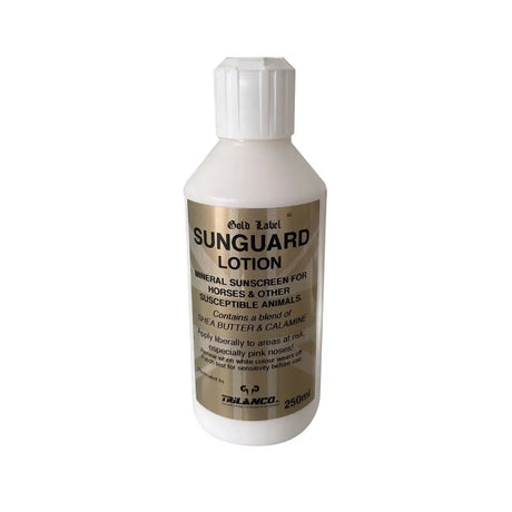 White plastic bottle of gold label sunguard lotion mineral sunscreen sunblock soother for horses and sensitive animals