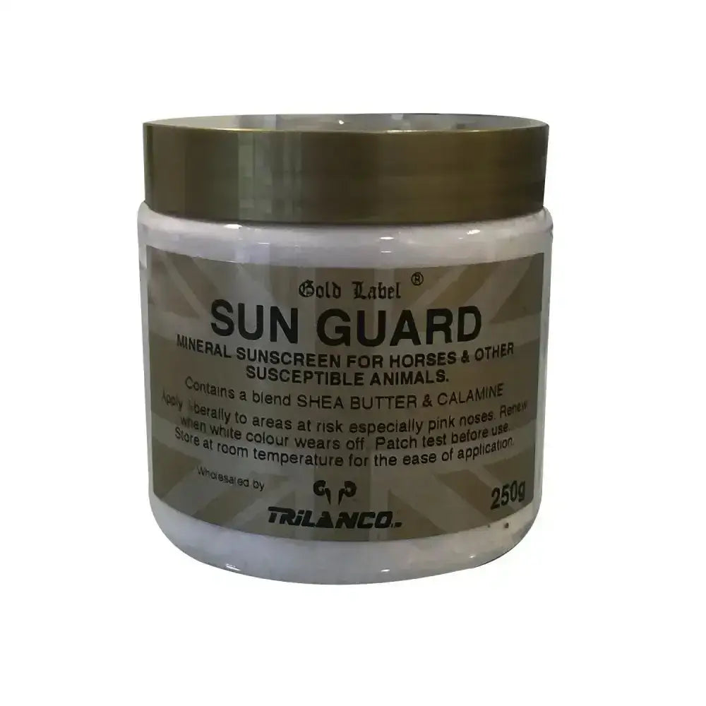 Gold label sunguard mineral sunscreen jar with metallic gold lid and beige label for horse care and sensitive animals