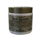 Gold label sunguard mineral sunscreen jar with metallic gold lid and beige label for horse care and sensitive animals