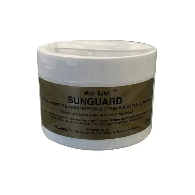 White cylindrical container of gold label sunguard herbal sunscreen for horses with matte olive green label for horse care