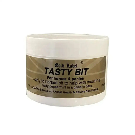 White plastic jar with beige label tasty bit encouraging horses and ponies by gold label tasty