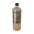 A translucent amber liquid in a 1-liter plastic bottle with black cap labeled gold label three oils for horses by trilanco