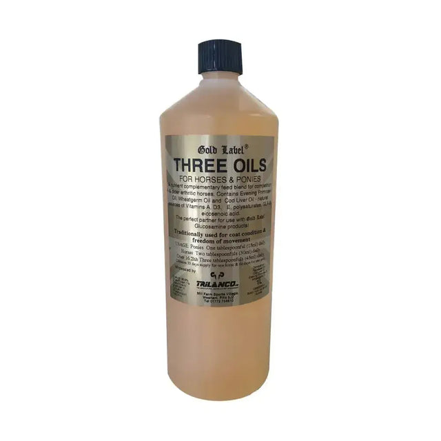 A translucent amber liquid in a 1-liter plastic bottle with black cap labeled gold label three oils for horses by trilanco