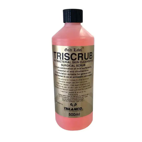 Pink liquid gold label triscrub antibacterial skin cleanser and surgical scrub in a 500ml clear plastic bottle by trilanco