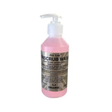 Pink liquid-filled pump bottle of gold label triscrub wash by trilanco for gentle skin cleansing