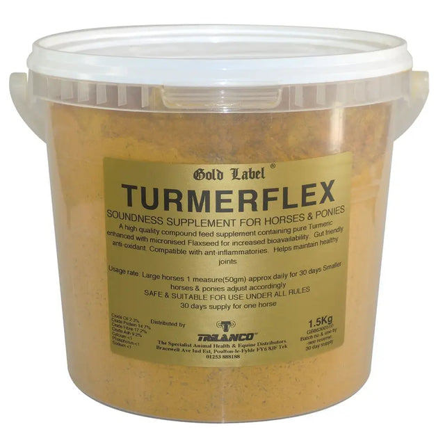 Gold label turmaflex 1.5kg tub of pure turmeric enhanced quality food supplement for soundness support in horses
