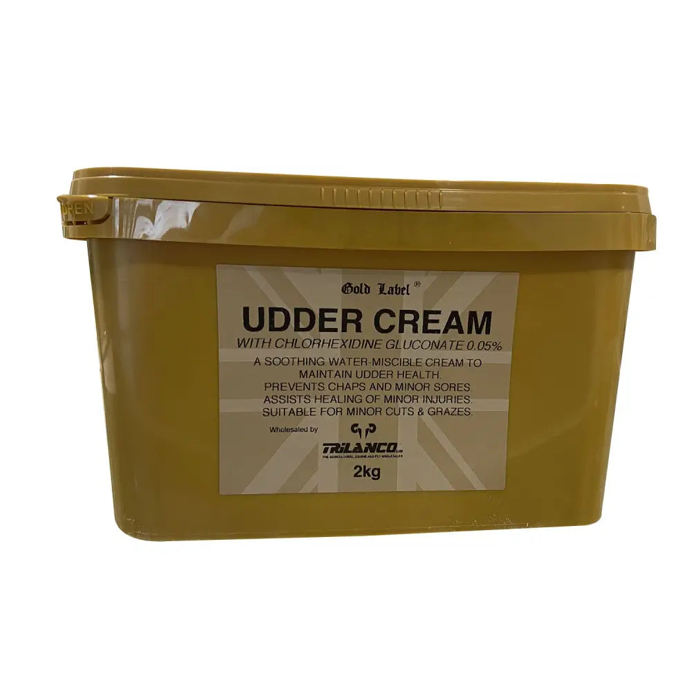 A 2kg matte olive green plastic tub of gold label udder cream to maintain good udder condition and soothe skin