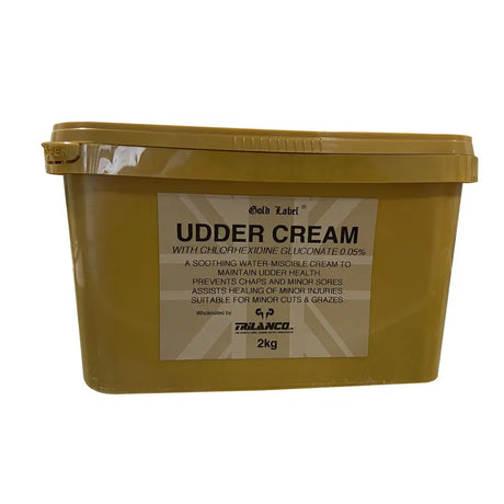A 2kg matte olive green plastic tub of gold label udder cream to maintain good udder condition and soothe skin