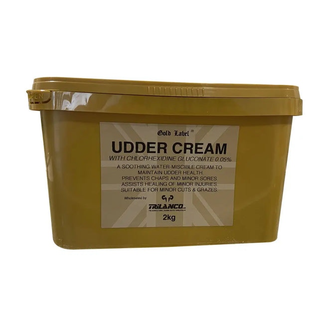 A 2kg matte olive green plastic tub of gold label udder cream to maintain good udder condition and soothe skin