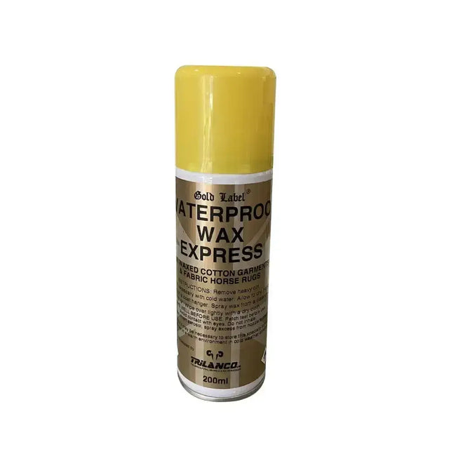 Yellow-capped gold label waterproof wax express 200ml for treating waxed cotton garments and fabric horse rugs