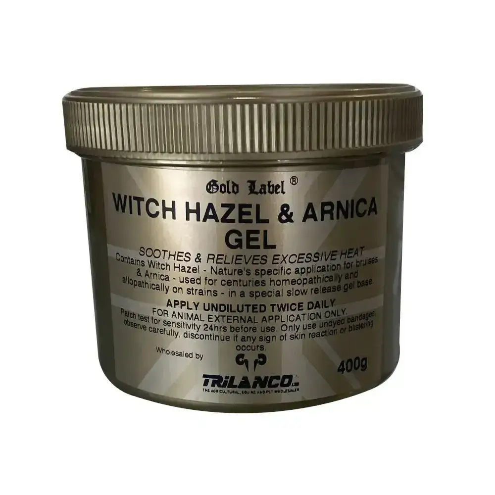 Gold label witch hazel and arnica gel in metallic silver jar with ribbed lid and black label 400g
