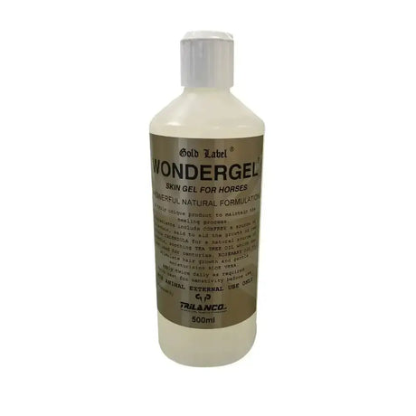 A translucent white bottle with silver cap and brown label featuring gold label wondergel for horse skin healing with comfrey