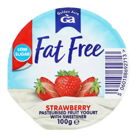 Golden acre fat free fruit yogurt strawberry pasteurised 100g in round plastic cup perfect with jimmys iced coffee