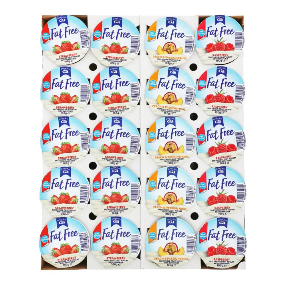 A carton of golden acre fat free fruit yogurts in assorted flavors like strawberry and raspberry perfect with jimmys iced coffee