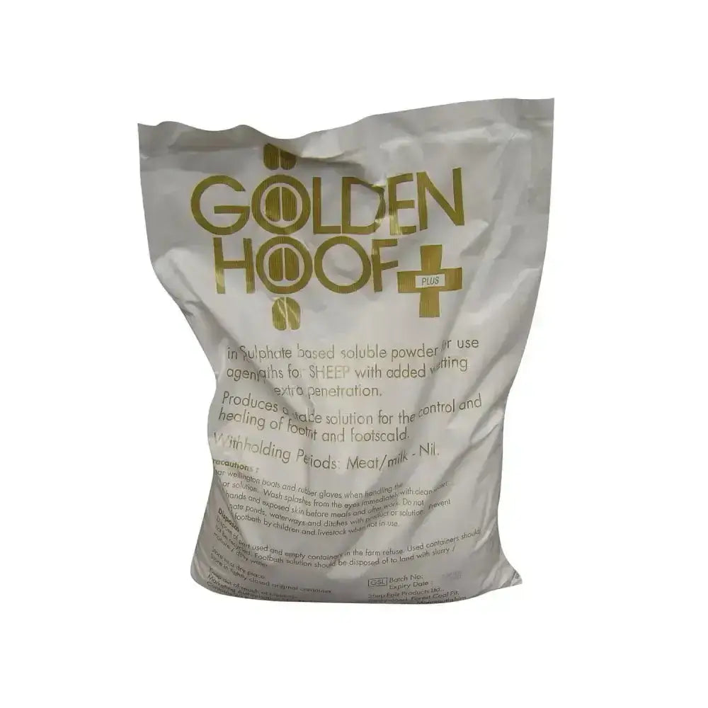 A white plastic bag with gold foil lettering labeled golden hoof zinc zinc sulphate preparation for sheep hoof care