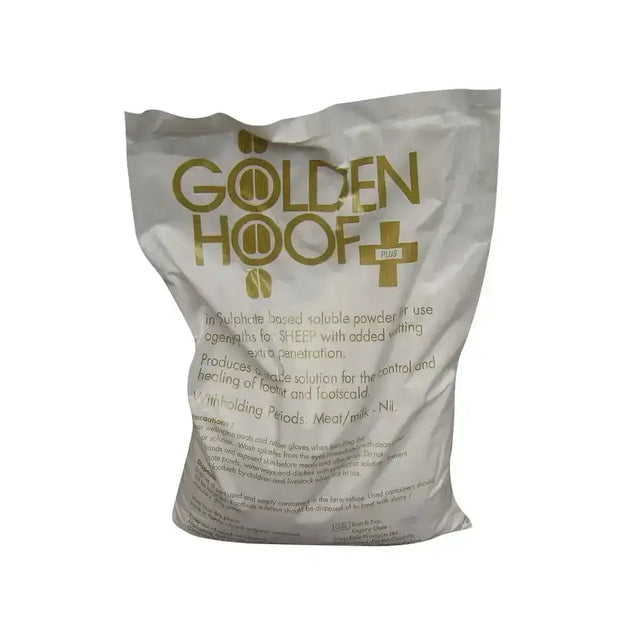 A white plastic bag with gold foil lettering labeled golden hoof zinc zinc sulphate preparation for sheep hoof care